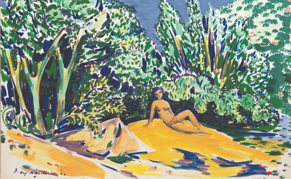 Baigneuses au pont des Angles, gouache de Max Raedecker, 1964. Collection particulière. 