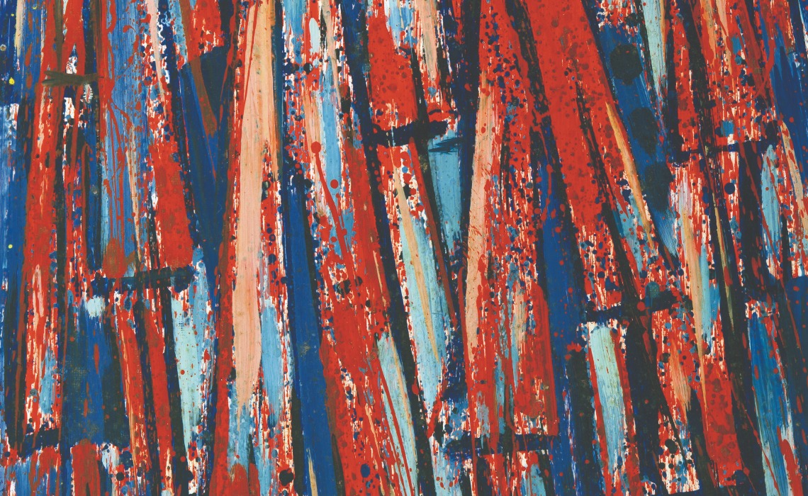 Rouge et bleu, huile sur panneau d'isorel de Max Raedecker, 1963. Collection particulière.